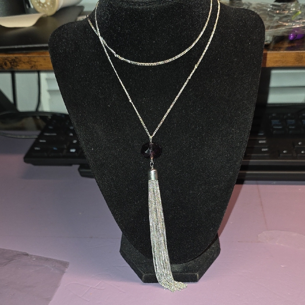 BUNDLE ANY 2, PAY ONE PRICE. Silver Necklace with Dark Purple Pendant And Tassle